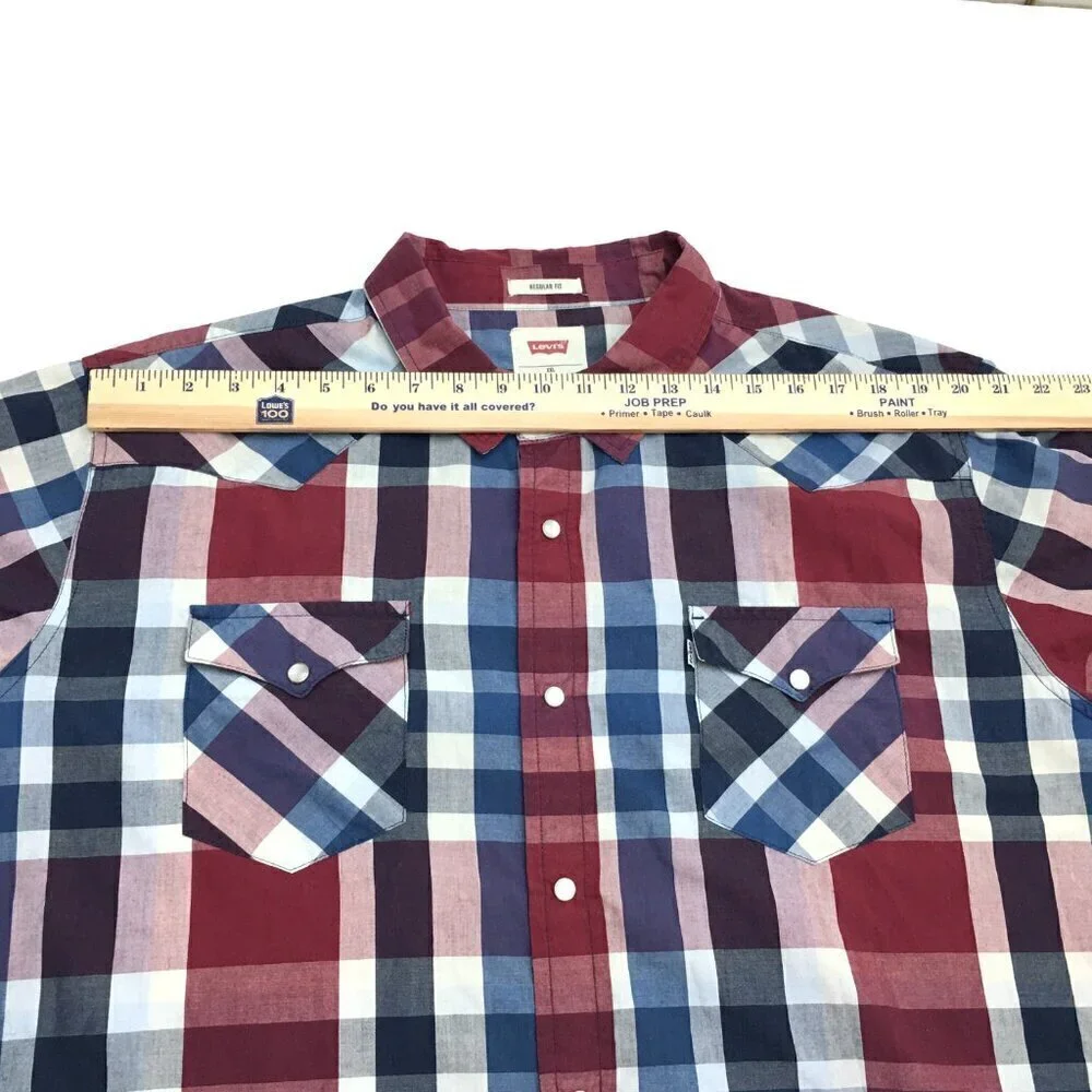 Levi's Shirt Men's Blue Burgundy Plaid Snap Front Long Sleeve Western XXL
